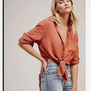 Free People That’s a Wrap Tie Front Button Down Shirt Orange M
